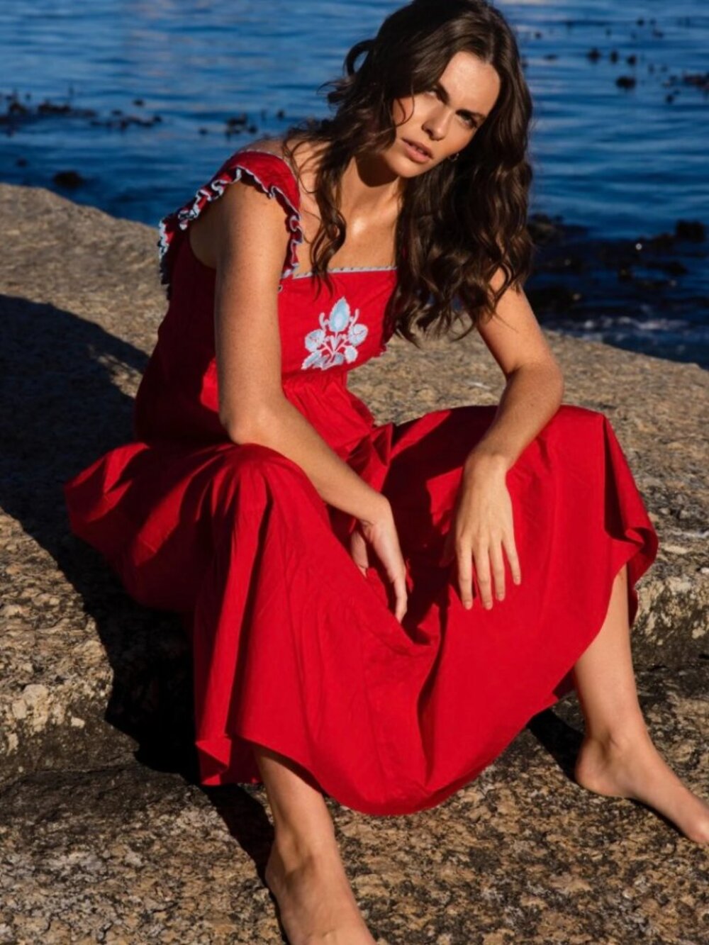 Lexy London Lexy Dress Red Embroidered Poplin Organic Cotton UK 6